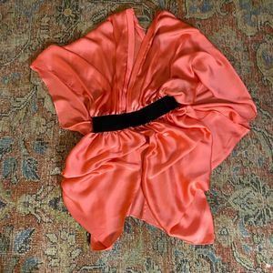 Bebe peach satin, belted kimono shirt.